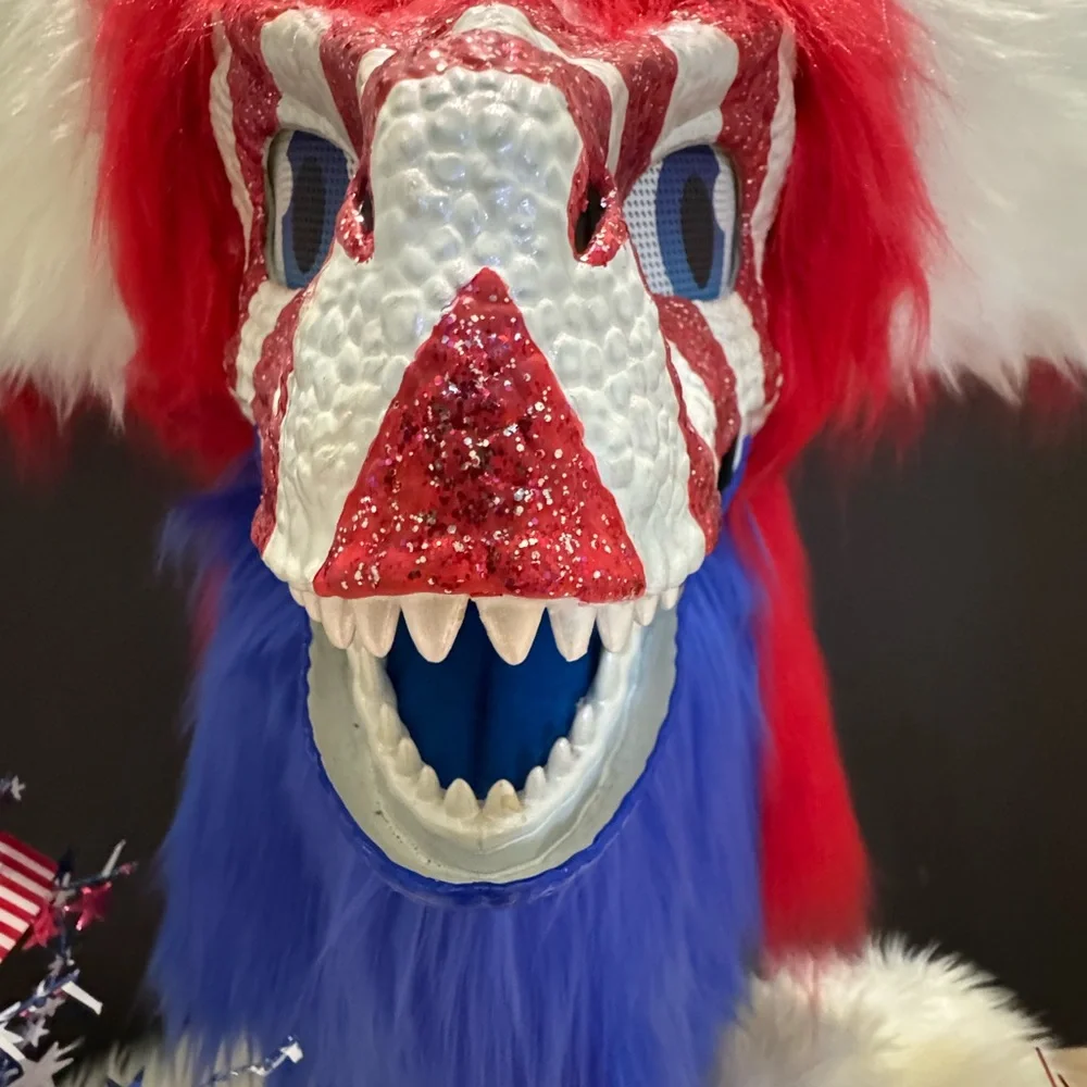 Dino Furry Mask. Patriotic Red White and Blue Glitter Fursuit Head  read detail